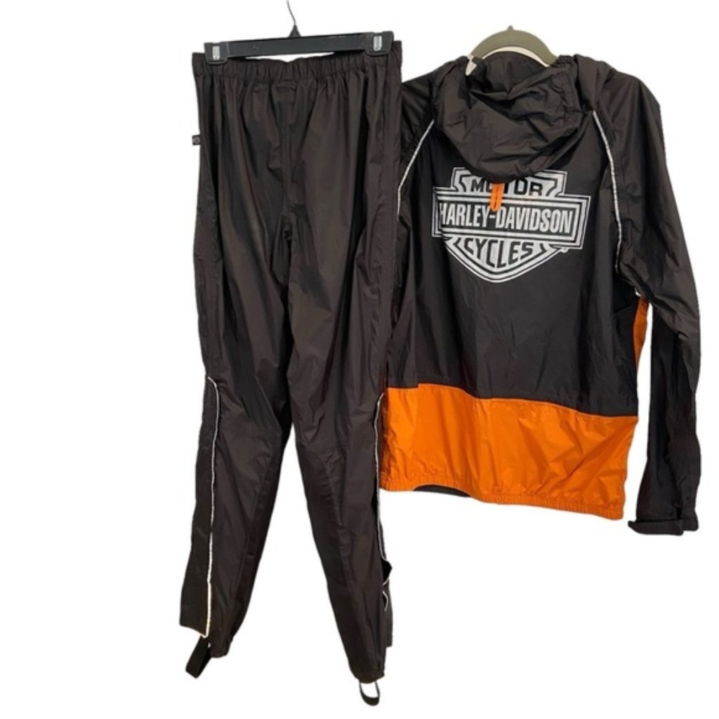 Harley Davidson Rain Gear 2 Pieces Suit Jacket Pants Black Orange Biker X-Small